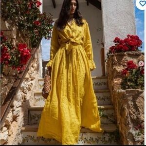 ZARA Mustard Linen Set Maxi Ramie Boho Skirt and Knotted Shirt